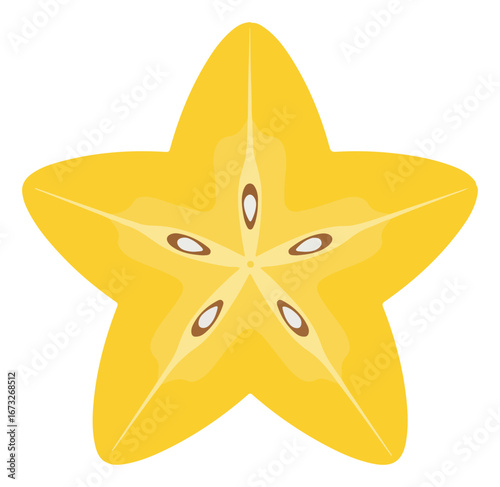 A stylized, cross-section view of a star fruit, showcasing its star-shaped form and inner seeds.