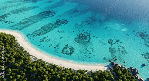 Aerial View of Tropical Island Paradise: Turquoise Waters, White Sand Beach, Lush Palm Trees