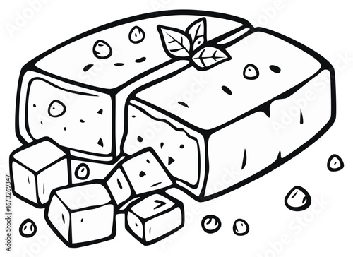 Hand drawn illustration of feta cheese block with cubes and herbs for coloring book page