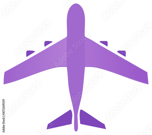 Top view of a purple jet airplane with gradient wings flying on a white background