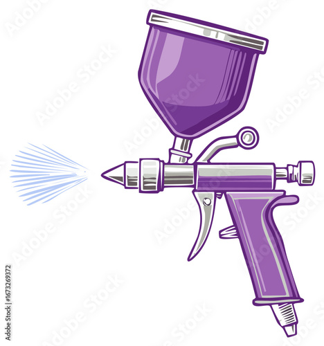 Purple paint spray gun illustration actively spraying color mist, professional painting tool graphic