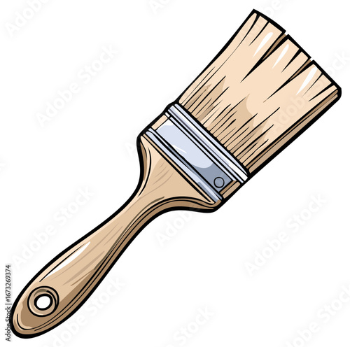 Paint brush with wooden handle and metal ferrule for painting, cartoon drawing