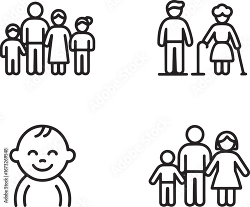 Family life stages icons including baby couple and elderly on white background Keywords: family