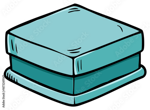 Closed teal square box with lid, cartoon doodle vector illustration.