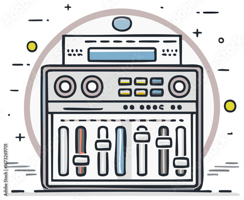 Hand drawn illustration of a professional sound mixing console with sliders and knobs