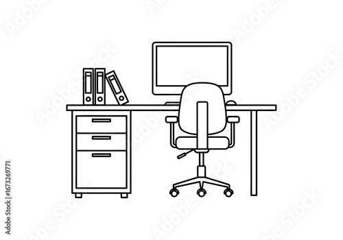 Vector illustration of simple line drawing of an office desk with a computer, chair, and filing cabinet