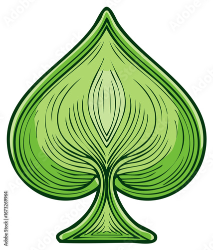 Stylized green spade icon with intricate line art resembling an organic leaf or tree