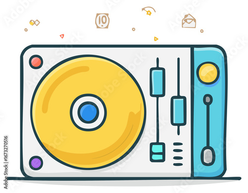 Stylized illustration of a DJ turntable with colorful controls and decorative elements