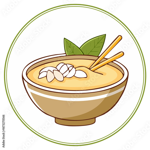 Cartoon bowl of creamy Asian soup or porridge with almond topping and chopsticks