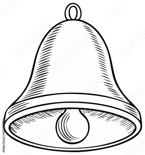 Illustration of a bell with a black outline and shading in an engraved style