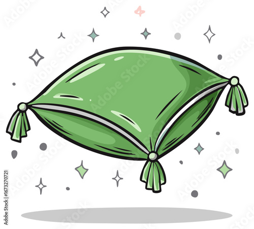 Hand drawn doodle of a magical green pillow with tassels and sparkles for comfort and sleep