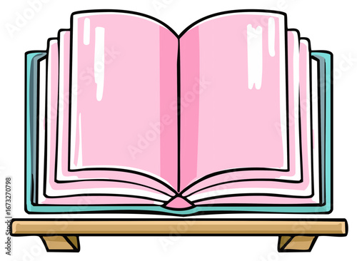 Open book with pink pages on wooden shelf for learning, reading, or education