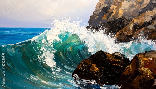 Coastal wave crashing on rocks