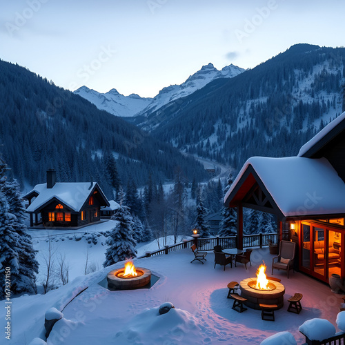 Snowy mountain lodge, winter evening, firelit patio, tranquil scene, ideal for travel brochures