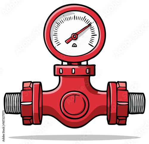 Cartoon Illustration of Red Pressure Gauge and Valve for Machinery