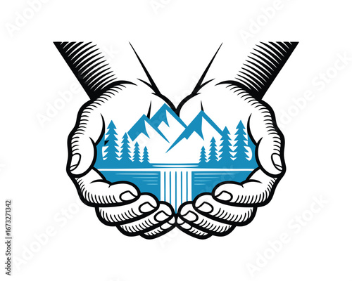 Hands Holding Mountain and Forest Landscape with Waterfall - Nature Conservation Vector
