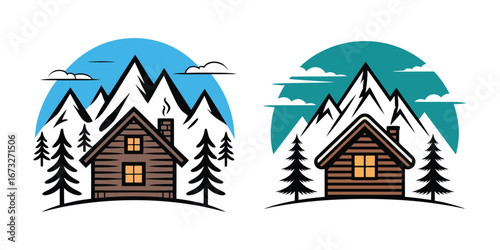 Rustic Winter Cabin Retreat Amidst Snow-Capped Peaks - Outdoor Adventure Graphic
