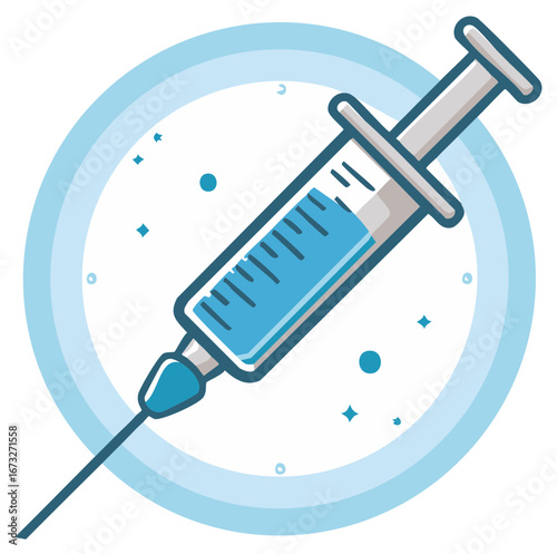 Medical syringe icon with a needle and dose of blue vaccine for vaccination or immunization concept illustration