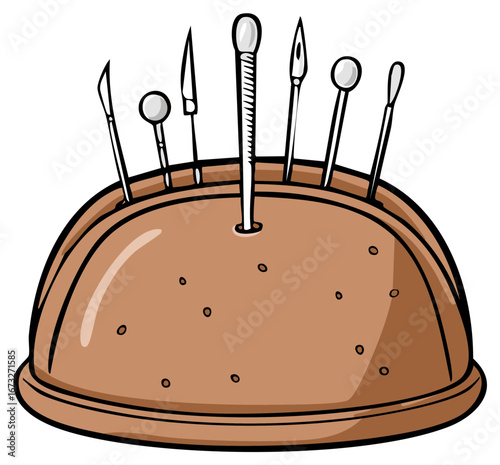 Sewing pincushion with sewing tools cartoon illustration