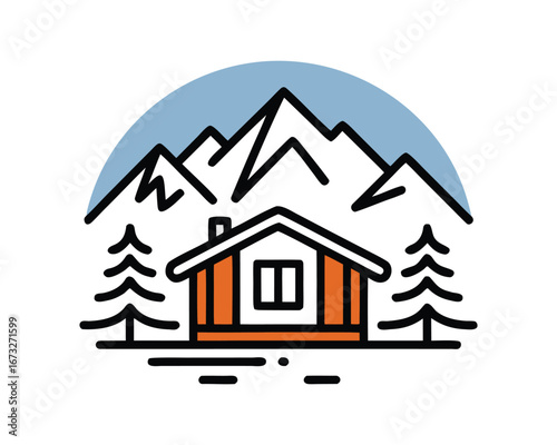Minimalist Cabin in Mountains with Pine Trees and Blue Sky - Vector Illustration
