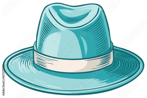 Stylish blue fedora hat in a classic vintage comic illustration style
