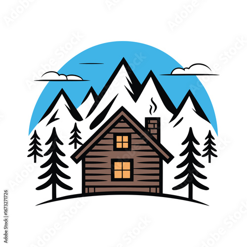 Forest Cabin Against Teal Sky and Snow-Capped Mountains - Nature Design Element
