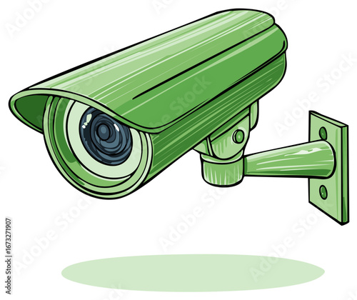 Green surveillance camera cartoon illustration, security concept