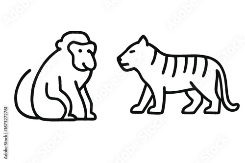 This graphic features a stylized monkey and a powerful tiger, both presented as elegant black line art on a crisp white background.