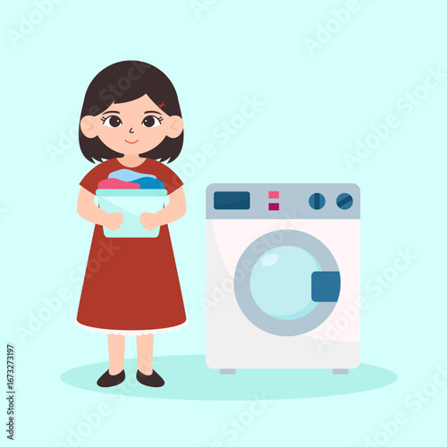 Girl Carrying Laundry Basket to the Washing Machine