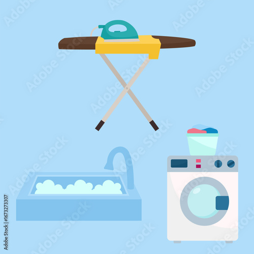 Laundry Day Essentials Iron, Ironing Board, Washing Machine, and Laundry Sink.