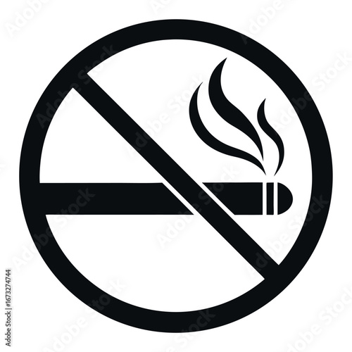 No Smoking Sign Cigarette with Rising Smoke in Circle with Slash, Black and White