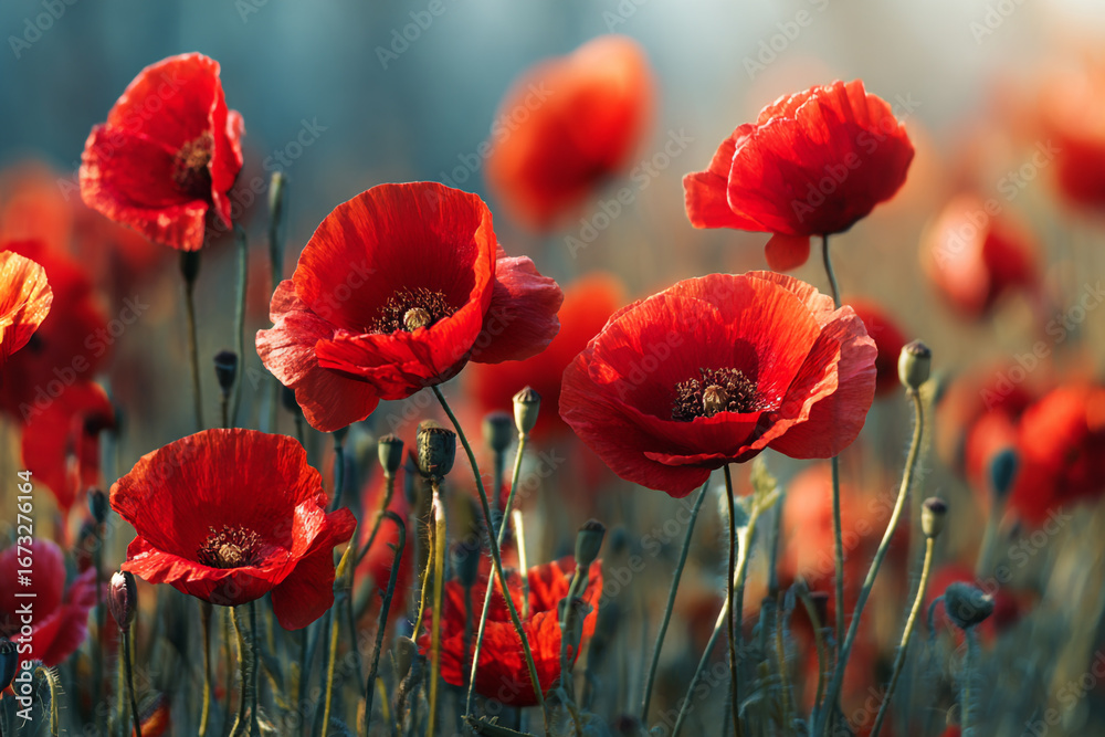 Fototapeta premium Vibrant red poppies in a field bathed in sunlight a breathtaking natural scene