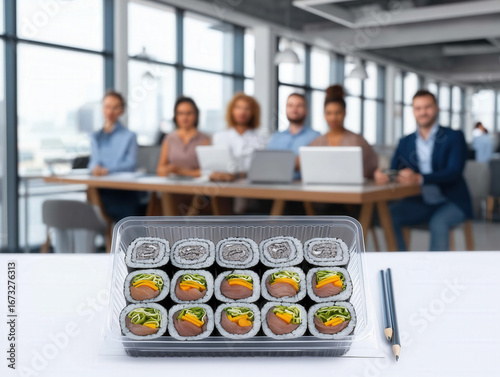 A sushi lunchbox on desk wi...