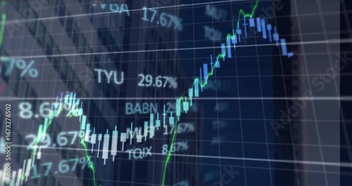 A stock market display with green, pink, and blue stock market tickers and graphs