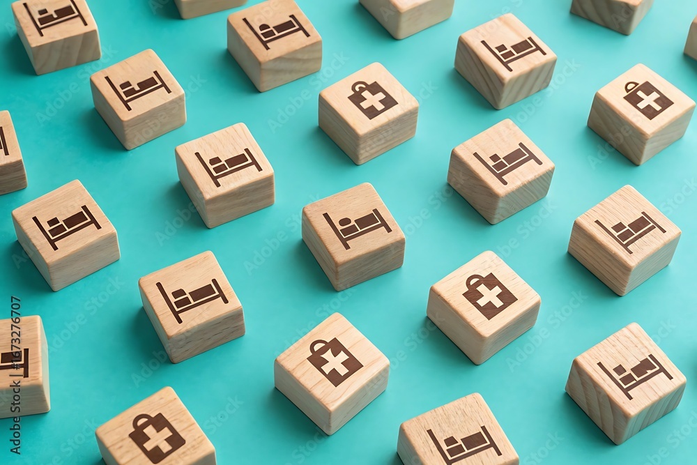 Fototapeta premium Repeating Pattern of Wooden Cubes with Medical Icons on Teal Surface health healthcare