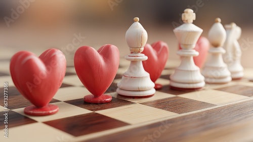 Symbolic chessboard with heart-shaped pieces at varied positions, depicting romantic timing dynamics.