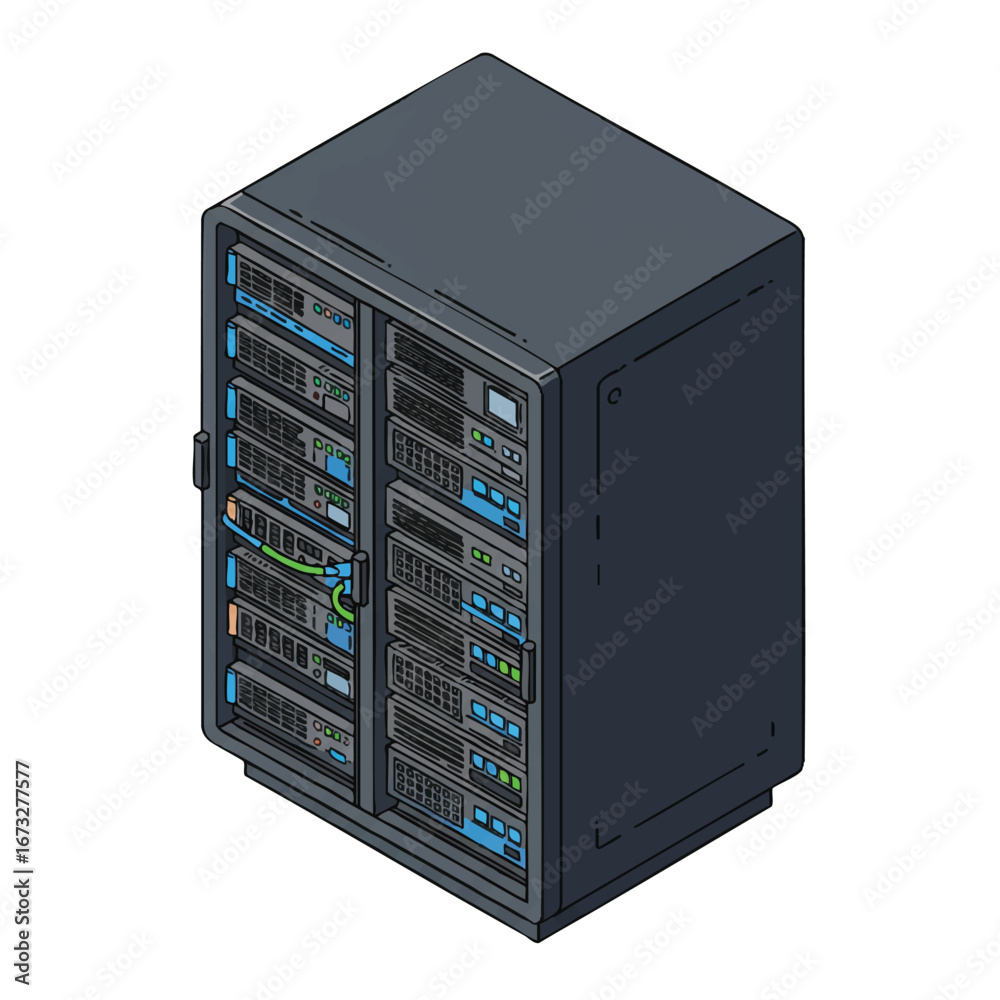 Fototapeta premium Isometric illustration of a server rack unit with multiple servers and cables.