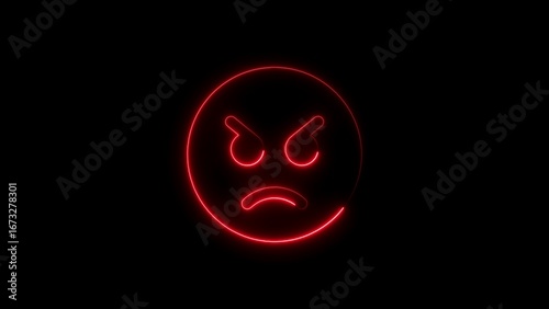 Фотография Neon red angry emoji silhouette on a black background representing frustration a