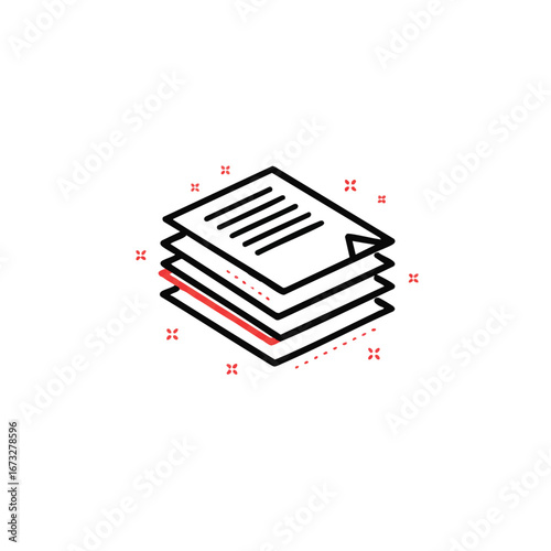 Stack of paper sheets with red accent line, simple isometric vector illustration.