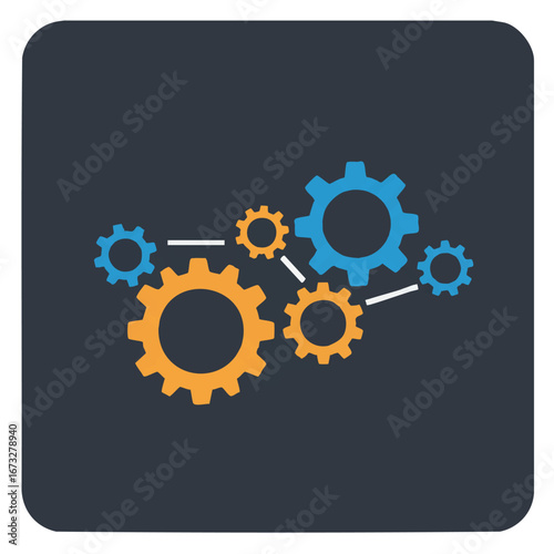 Illustration of interconnected gears representing a system or process, on a dark background.