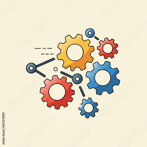 Interconnected gears in vibrant colors symbolize teamwork, collaboration, and efficient processes.