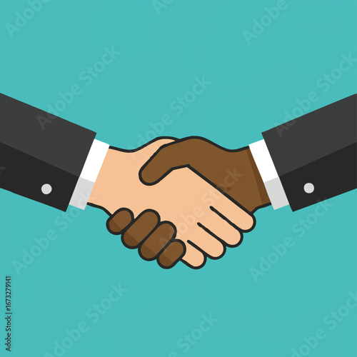Two hands, one light-skinned and one dark-skinned, clasped in a handshake against a teal background.