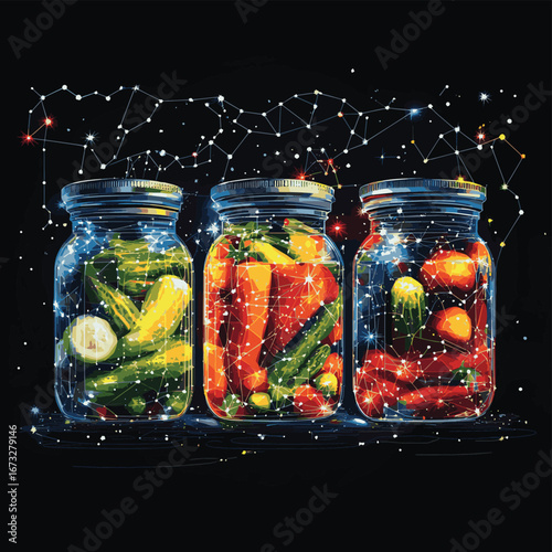 Low poly vector illustration of jars with assorted pickled vegetables against black background with constellation star patterns in colorful polygonal wireframe style