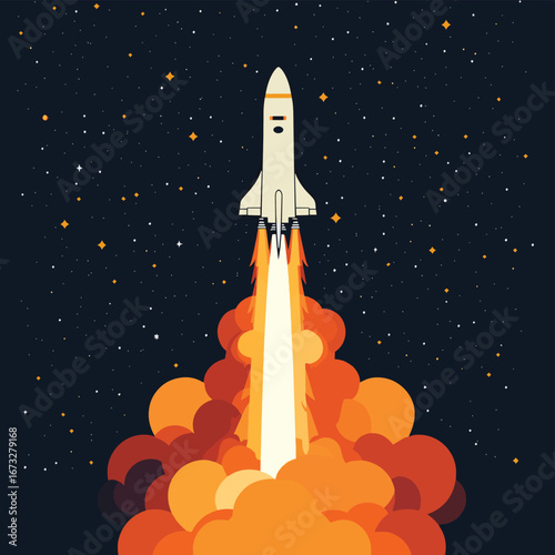 Vector illustration of space shuttle rocket launching with fiery flames in starry space background in flat minimalist style for technology and space exploration concept
