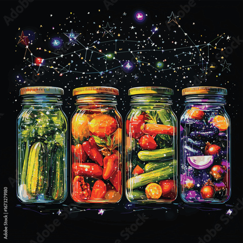Low poly vector illustration of jars with assorted pickled vegetables against black background with constellation star patterns in colorful polygonal wireframe style