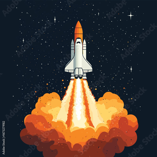 Vector illustration of space shuttle rocket launching with fiery flames in starry space background in flat minimalist style for technology and space exploration concept