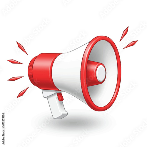 A red and white megaphone, angled, broadcasting a message, sound waves emanating.