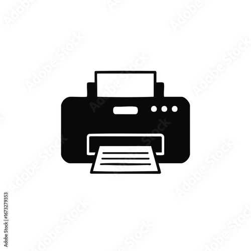 Simple black printer icon, depicting a device printing a document.
