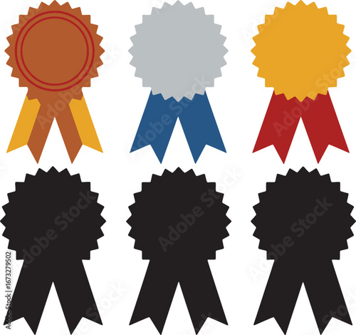 A set of colorful award ribbons and their corresponding black silhouettes, representing achievement and honor.