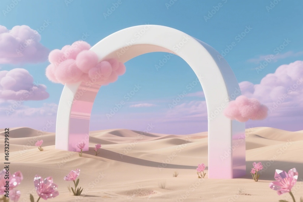 Fototapeta premium Dreamy Surreal Desert Landscape with White Arch, Pink Clouds, and Delicate Flowers Under Blue Sky